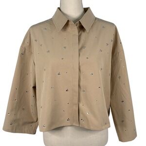Aleeza Paris Sand Rhinestone Embellished Cropped Blouse Bubble Set Top XL NEW